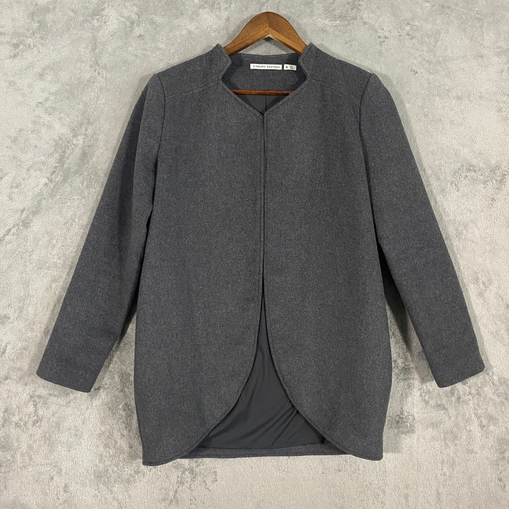 Finders Keepers Jacket Sz M Grey Wool Blend Open Front Tulip Hem Stand Collar